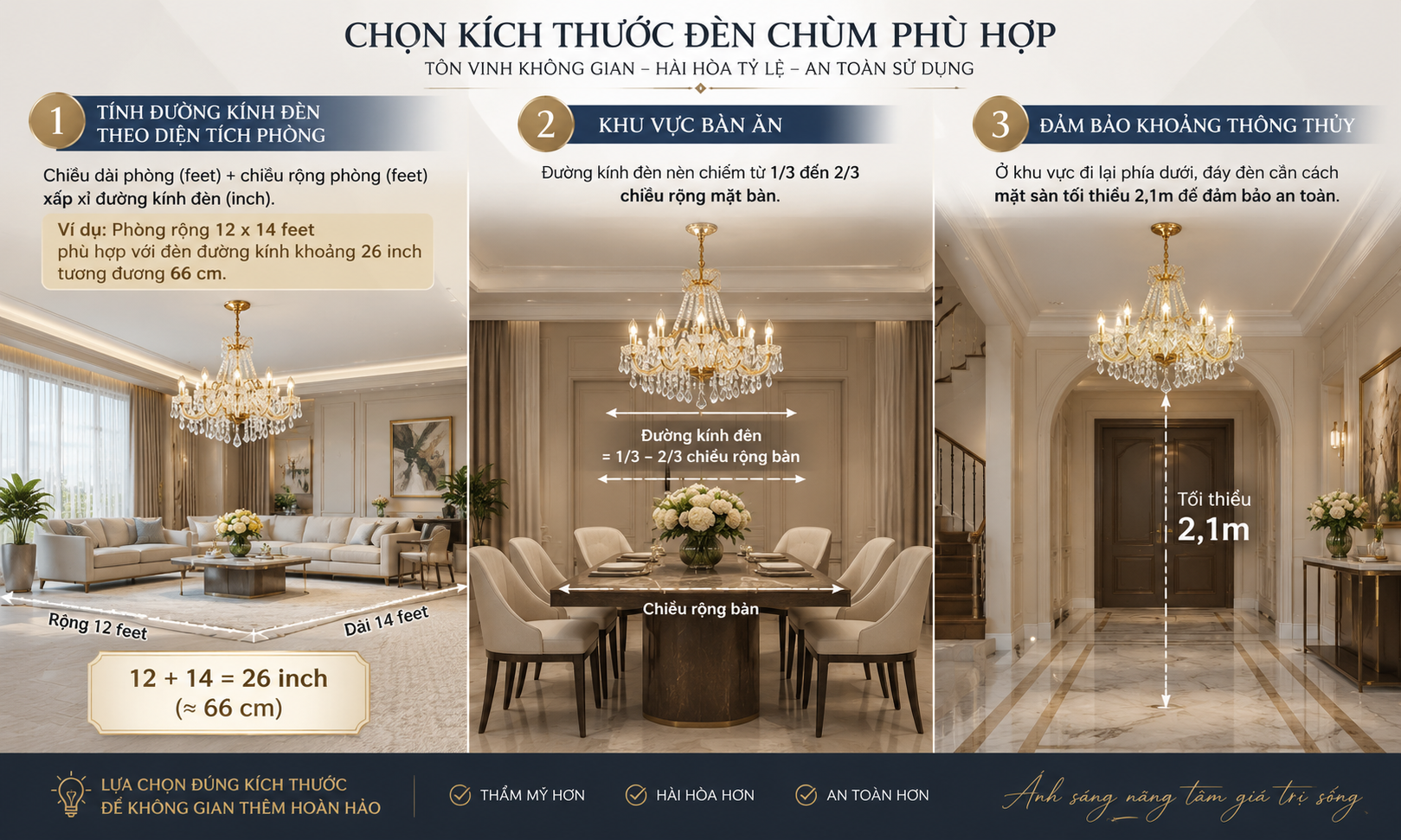 Hướng dẫn chọn kích thước đèn lồng pha lê dựa trên diện tích phòng, chiều cao trần và vị trí lắp đặt.