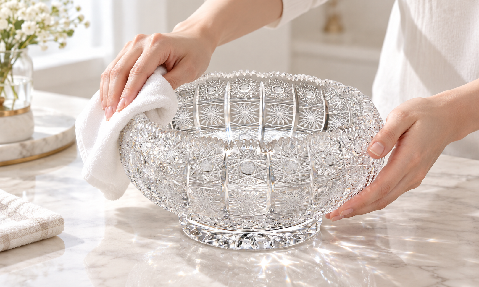 Hướng dẫn vệ sinh và bảo quản đĩa pha lê mài giúp giữ bề mặt trong sáng, hoa văn sắc nét và hạn chế ố mờ