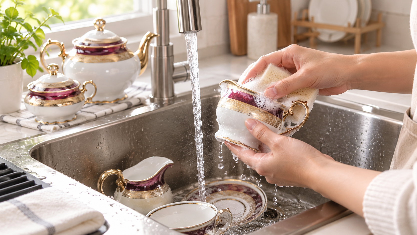 Hướng dẫn vệ sinh tách trà sứ đúng cách, giúp loại bỏ vết trà và giữ bề mặt tách luôn sạch đẹp.