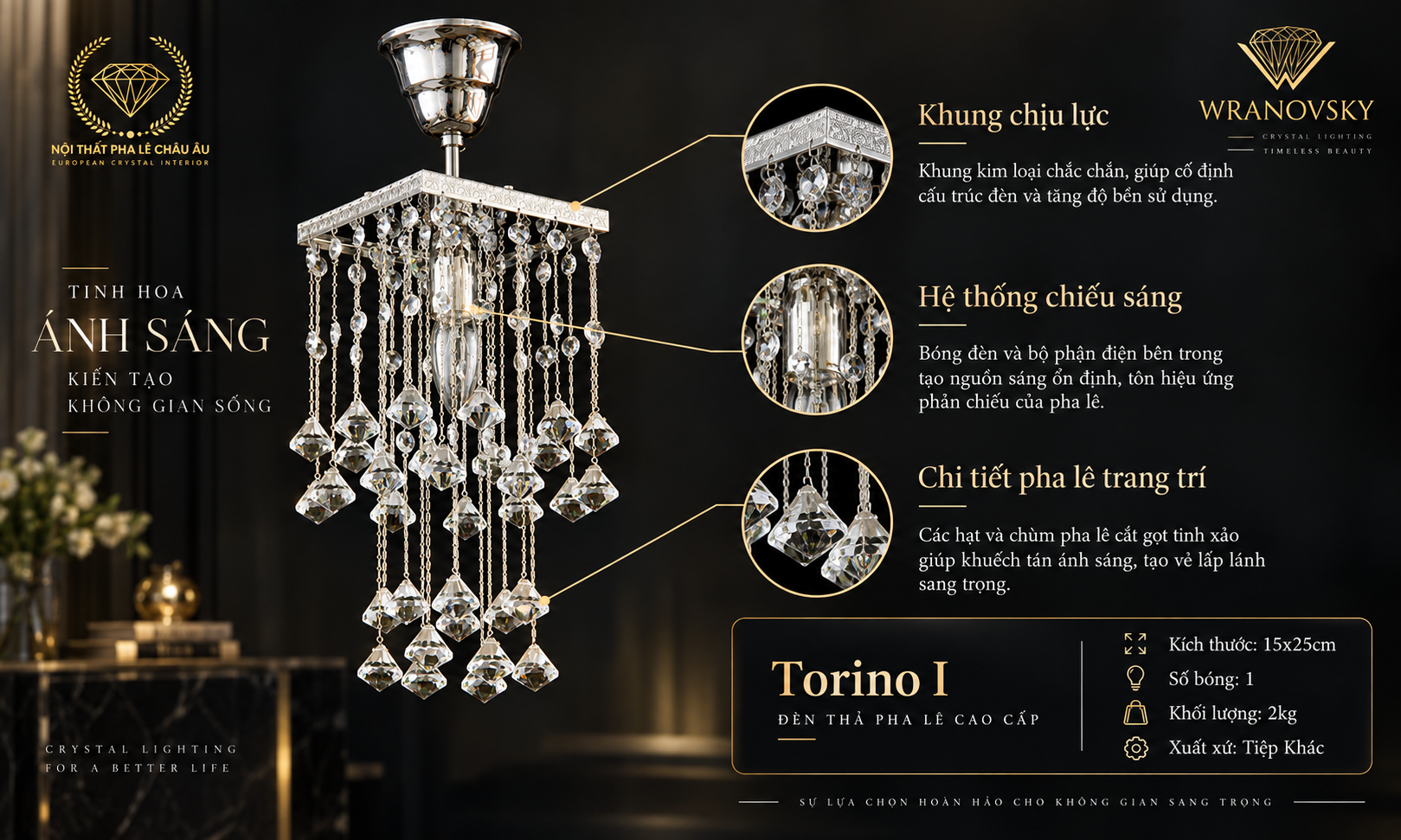 Minh họa cấu tạo khung lồng, các chi tiết pha lê và đặc điểm giúp nhận diện đèn lồng pha lê cao cấp