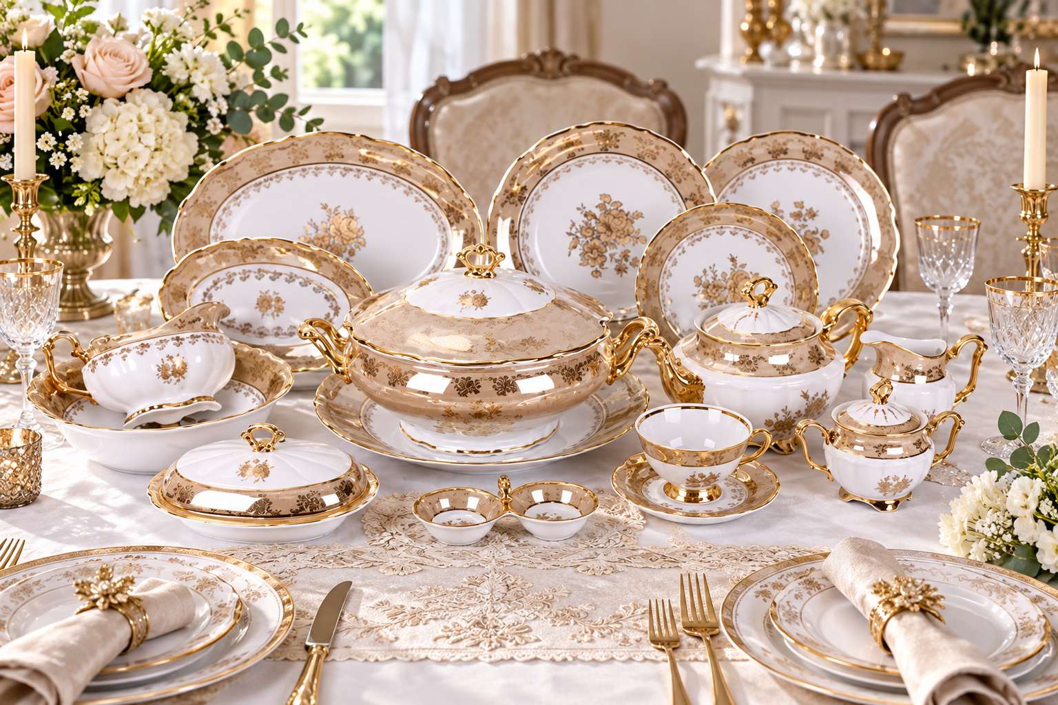 Bộ đồ ăn sứ tiêu chuẩn tiệc Âu gồm các loại bát, đĩa và phụ kiện được sắp xếp phù hợp cho từng món ăn và cách phục vụ.