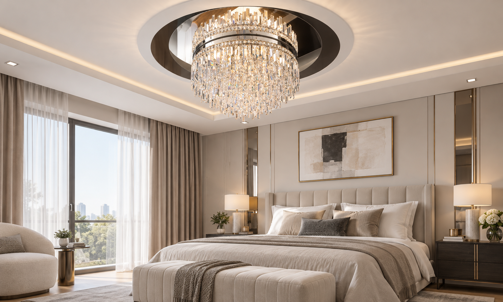 Đèn hiện đại cho phòng ngủ với thiết kế tinh tế và ánh sáng dịu nhẹ, phù hợp tạo không gian nghỉ ngơi thoải mái