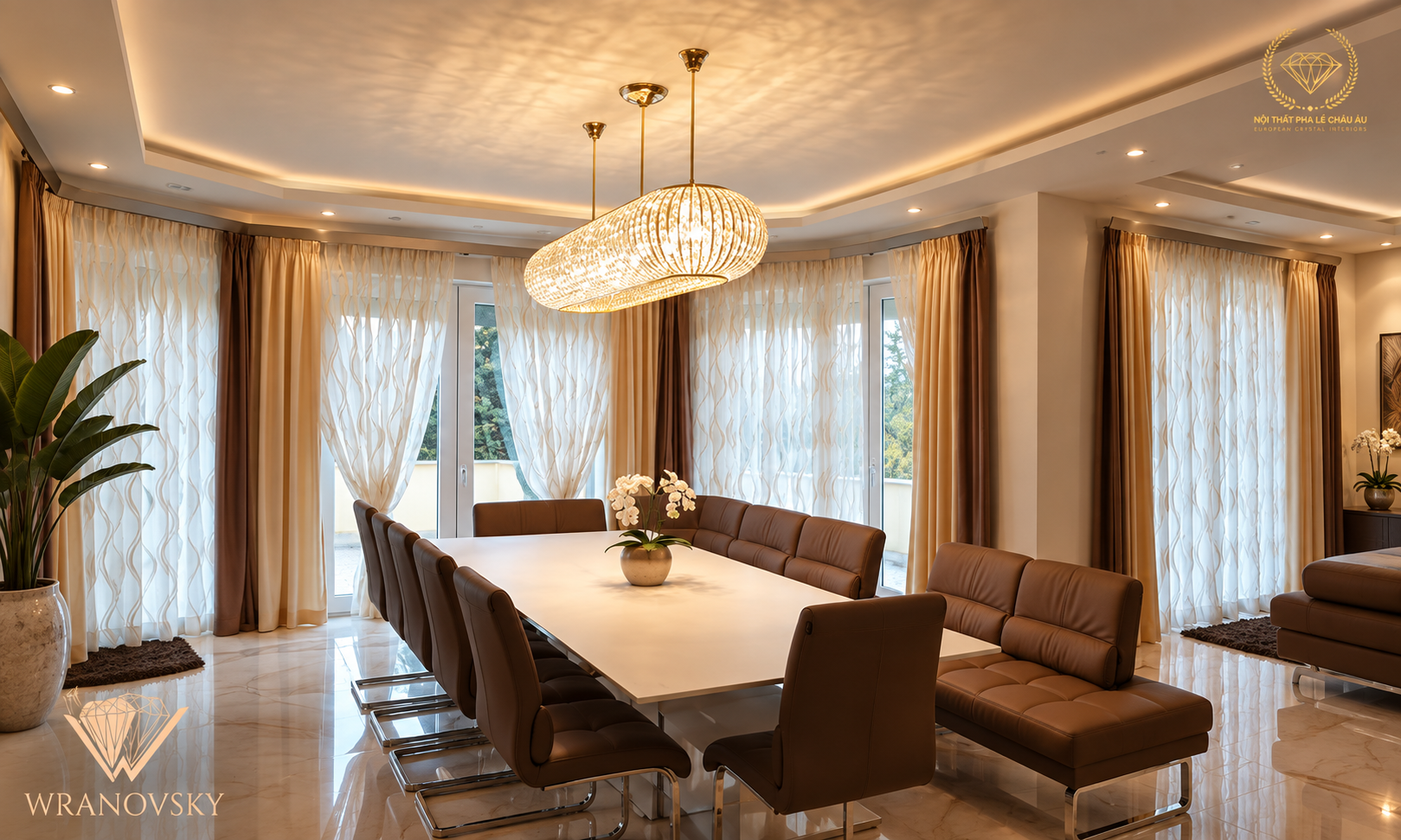 Đèn lồng pha lê cao cấp với thiết kế tinh tế, kết hợp ánh sáng và pha lê tạo điểm nhấn sang trọng cho không gian nội thất