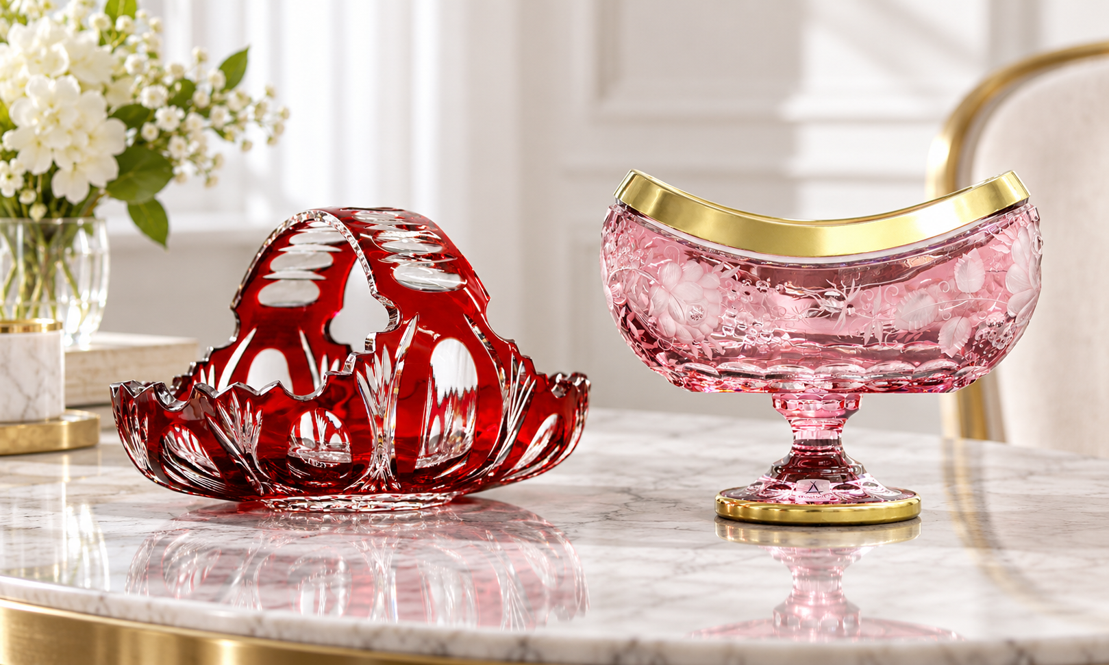 Đĩa pha lê màu đỏ Ruby, tím và hồng với sắc màu nổi bật, thiết kế tinh tế, phù hợp trang trí và tạo điểm nhấn cho không gian