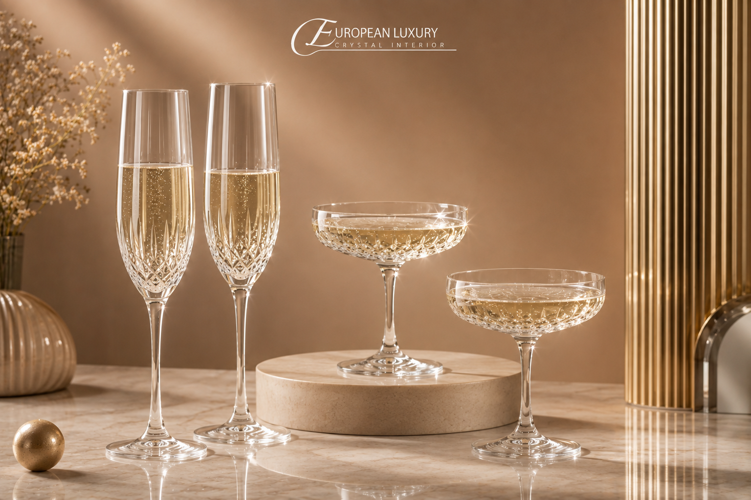 Bộ ly pha lê Champagne & Sâm-panh với dáng Flute thanh lịch và dáng Coupe cổ điển, nổi bật vẻ tinh xảo và khả năng phản chiếu ánh sáng sang trọng