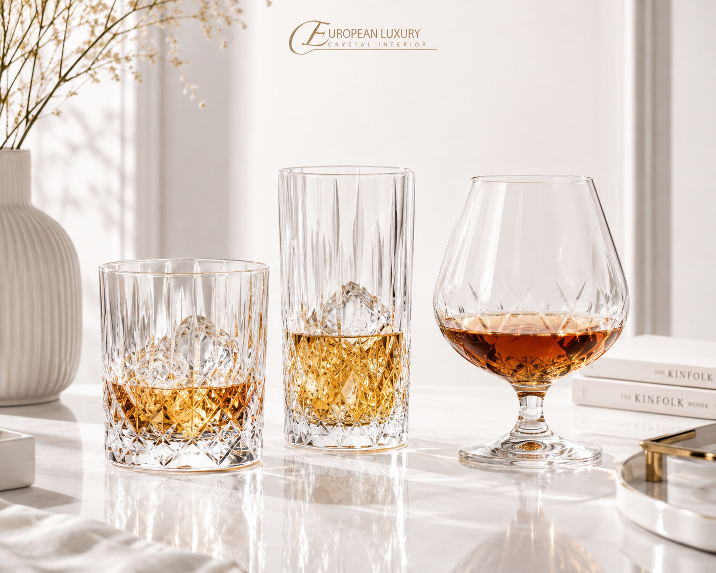 Bộ ly pha lê cao cấp dành cho Whisky và các dòng rượu mạnh, kết hợp kiểu dáng Old Fashioned, Tumbler và Cognac Snifter với thiết kế tinh xảo, nổi bật khả năng phản chiếu ánh sáng
