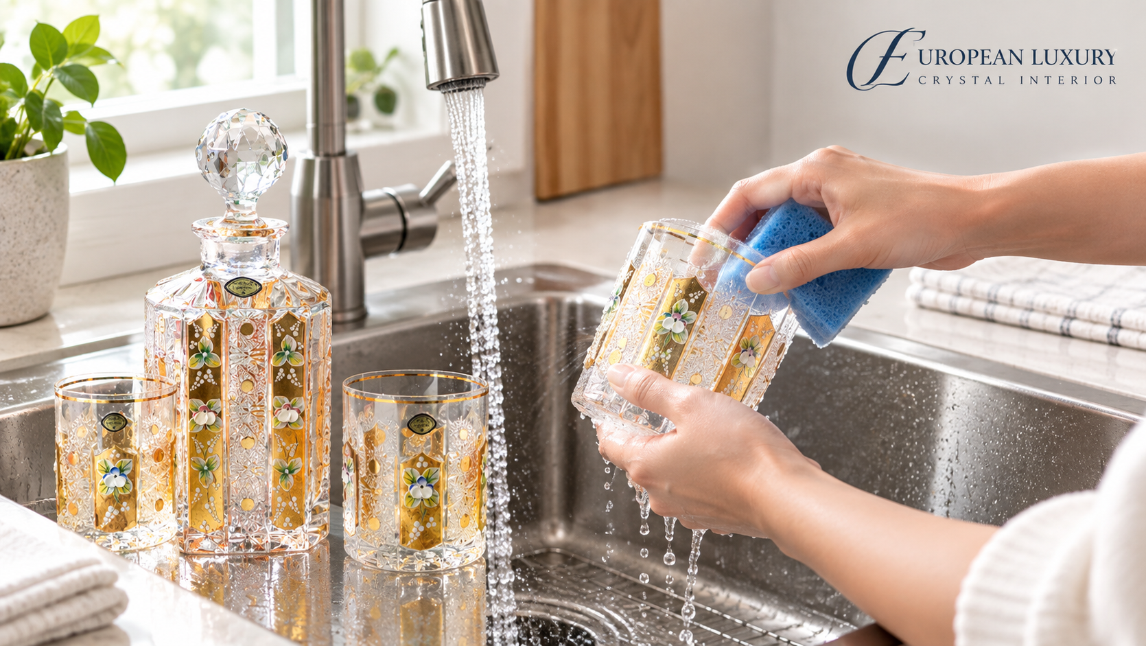Hướng dẫn mẹo lau chùi và bảo quản bộ bình pha lê mạ vàng đúng cách, giúp loại bỏ bụi bẩn, hạn chế vết ố và giữ bề mặt pha lê cùng chi tiết mạ vàng luôn sáng đẹp.