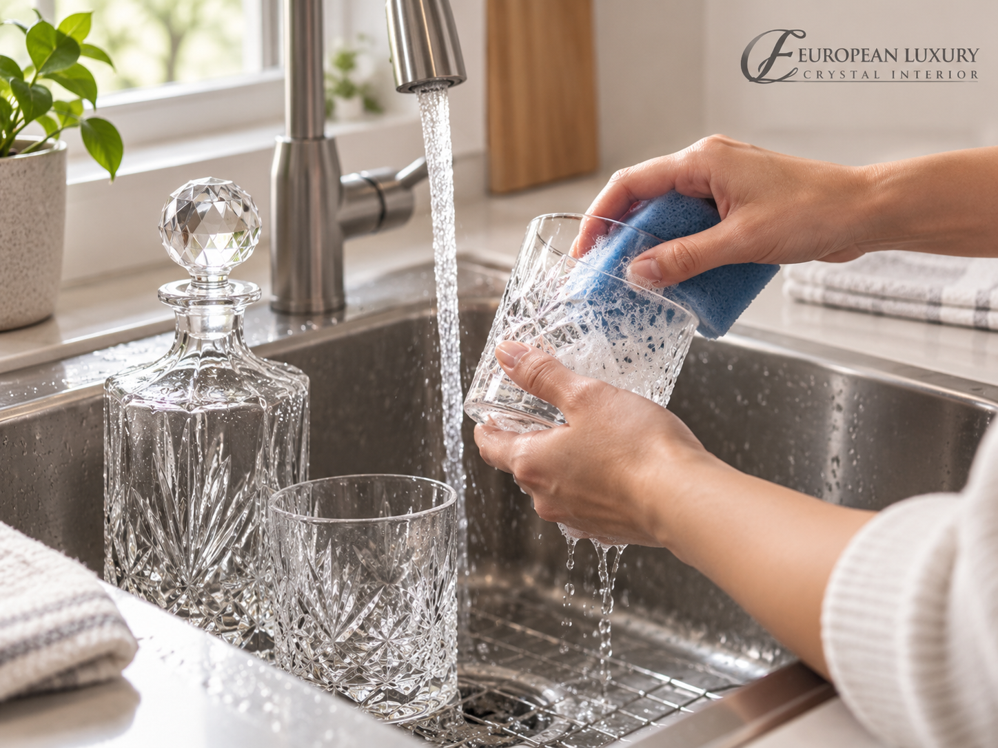 Hướng dẫn mẹo rửa và bảo quản bộ pha lê mài đúng cách, giúp hạn chế bám bụi, cặn nước và tình trạng ố mờ, duy trì vẻ trong sáng và độ bóng đẹp của pha lê.